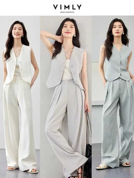 VIMLY Two Piece Office Outfit Woman 2026 Summer Pant Sets Linen Blend Womens Suits V Neck Waistcoat Wide Leg Long Pants M7357T260520