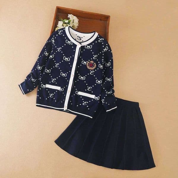 Girls' Knitted Outfit Navy Swetaer Cardigan with Polka Dot Pattern Pleated Skirt Children Autumn Winter Clothing Set 26Y0521