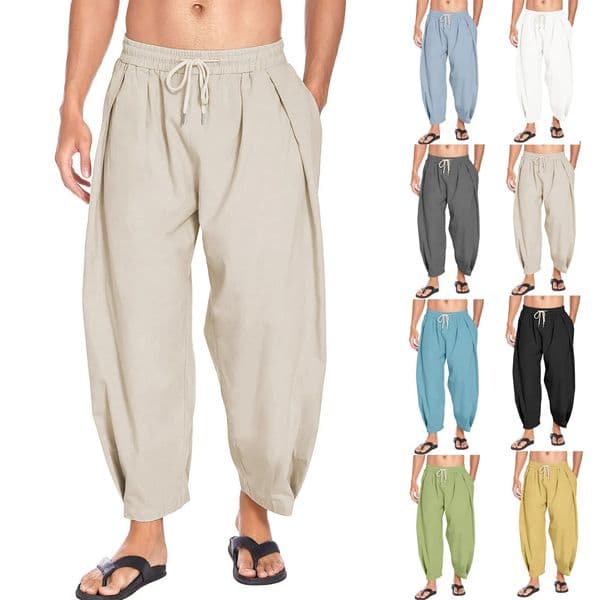 Mens Cotton and Linen Harem Pants Drawstring Casual Cropped Lightweight Loose Beach Yoga 260521