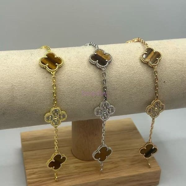 Vanly Cleafs Bracelet V four-leaf clover tiger eye stone peacock green gray mother-of-pearl carnelian interlaced five-flower bracelet plated