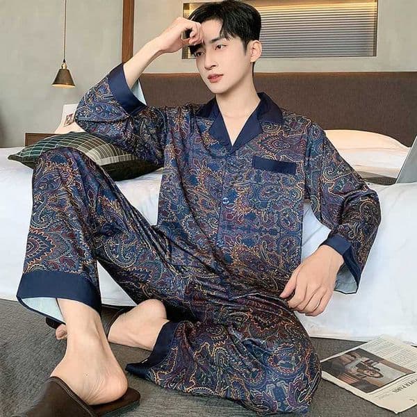 High Quality Men Pajamas Suit Spring Fall Ice Silk High-end Long-sleeved Sleepwear Set Female Ethnic Style Large Size Loungewear X260520