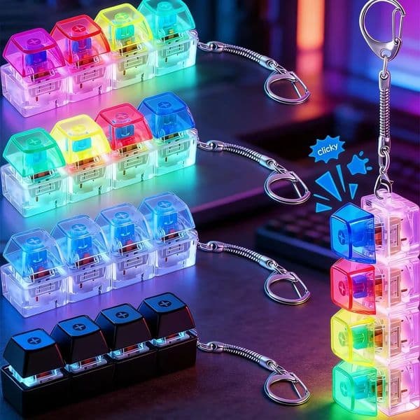 Clickable Keyboard Keychain LED Light - Stress Anxiety Relief Fidget Toy, Portable Desktop Accessory for Office Decoration Gift BY SEA