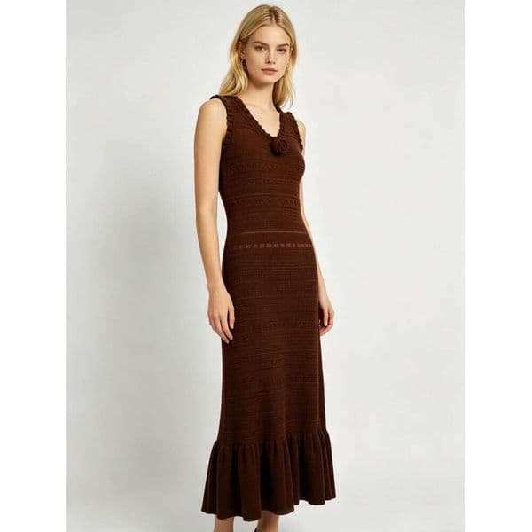 Boho Chic Caramel Openwork Knit Dress, V-Neck Rose Embellished Ruffled Hem Maxi Dress, Beach Vacation Wear Long Sleeve Elegant
