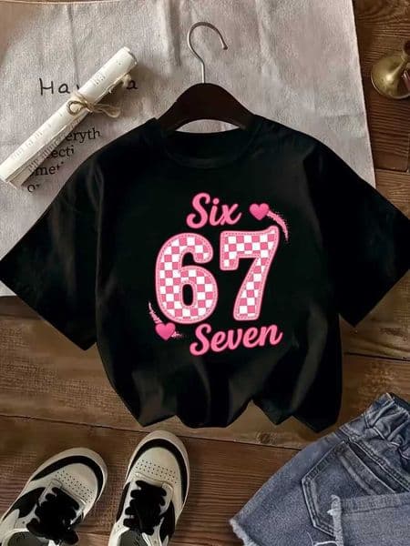 Number 67 womens T-Shirt Pink Checkered Six Seven Print Cute Heart Casual Short Sleeve Tee for womens Z260521