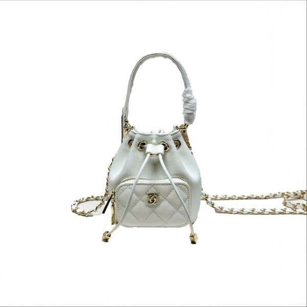 Caviar Grain Genuine Leather Mini Drawstring Bucket Bag with Chain Strap
