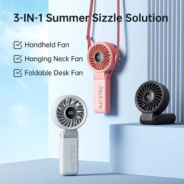 JISULIFE Portable Handheld Fan with LED Display5 Speeds5000mAh150Folded3-IN-1 Hand/Desk/Neck Multifunction Personal Fan T260520