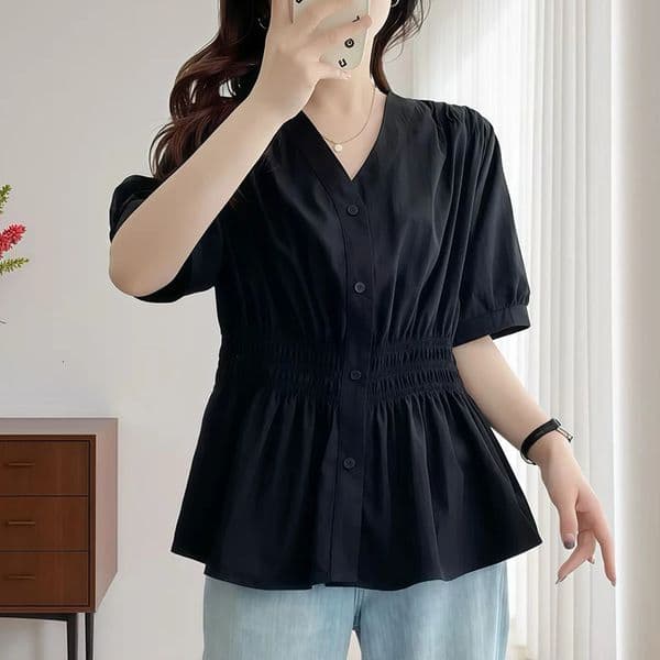 200 Pounds Plus Size Elastic Waist Summer Shirt And Blouse Solid Top Womens In Clothes Simple V-neck French 260521