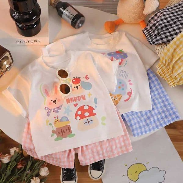 Cartoon Printed T-shirt Casual Suit Summer Girls And Boys Clothes Plaid Shorts Tees 2pc/set Children Clothes Leisure OutfitsT260521