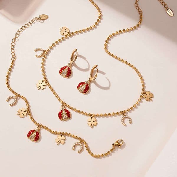 Women's Vintage Necklace Bracelet Earrings Anklet Set Red Insect Light Luxury Niche INS Style Bohemian Versatile Accessories 18K Gold Jewelry Set Gift For Women