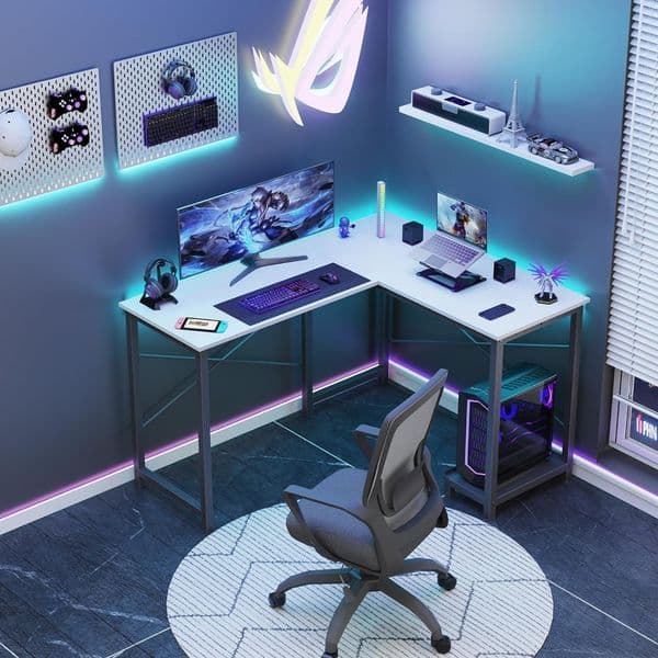 L-Shaped Computer Desk Wooden Corner PC Gaming Desk with Side Storage Bag for Home Office Small Space Reading with Free Shipping