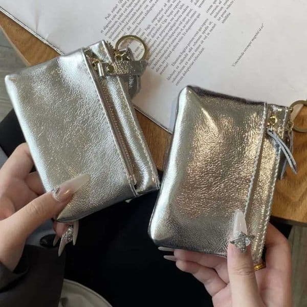 Fashion Design Genuine Leather Silver Wallet Korean Style Solid Color Zipper Coin Purse Clutch Mini Small Item Bag WomenZHR260521