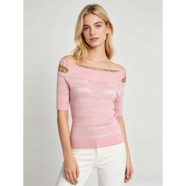 French Luxury Off-Shoulder Striped Knit Top with Gold Chain Trim, Slim Fit Half Sleeve Blouse, Elegant Feminine Style Plus Size Loose