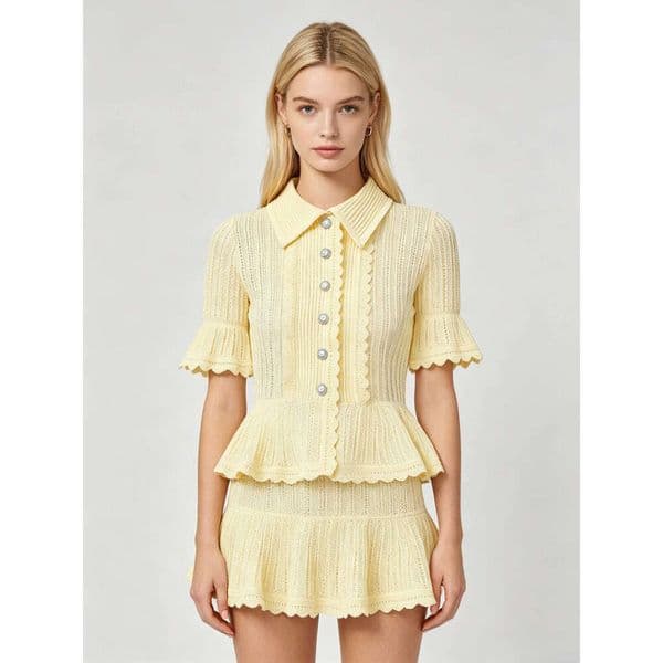 2026 Summer Women Yellow Knit Two Piece Set Peplum Top & Mini Skirt with Rhinestone Buttons Breathable Thin