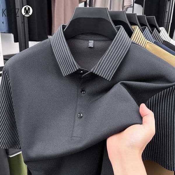 Mens Business Casual Polo Shirt Striped Detail Short Sleeve Soft Top For Office Daily Wear And Outdoor Activities H260521