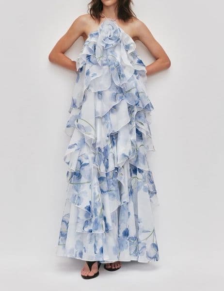 Australian designer dress with blue floral print ruffle edge backless suspender dress