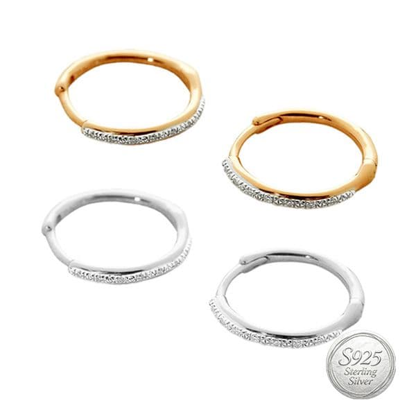 Minimalist Luxury Bicolor Thin Half Diamond Inlay Zircon Huggie Hoop Earrings 925 Sterling Silver Ear Buckle Hoop Earrings for Women Daily Fine Jewelry