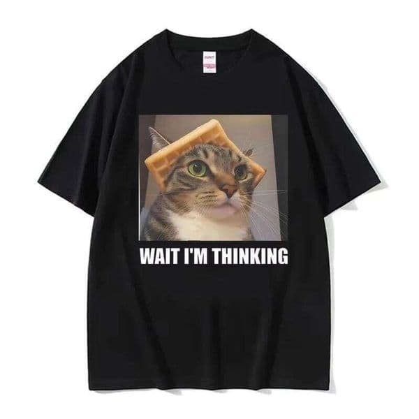 Wait moment. I'm thinking of an interesting cat-print T-shirt that would suit a man for casual and fashionable short sleeves.