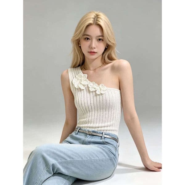 2026 New Summer One Shoulder Knit Tank Top Women Handmade Floral Crochet Light Blue Slim Blouse Bandage Bodycon