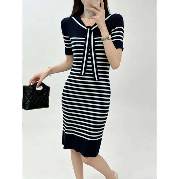 French Preppy Navy Striped Knit Dress, Sailor Collar Fitted Short Sleeve Bodycon Dress Bohemian Printed Bohemian Printed