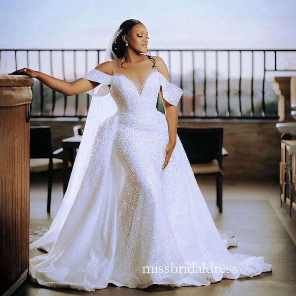 2024 Mermaid Dresses Bridal With Detachable Train Sheer Neck Sequined Lace Pearls Decorated Wedding Gowns For African Black Women Bride Girls D207 Mb521