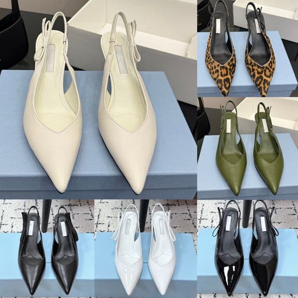 Top Quality Designer High Heeled Dress Shoes Women Prandas Genuine Leather Triangle Pointed Toe Slingback Heeled Fashion Slip On Mid Heel Casual Business Shoes
