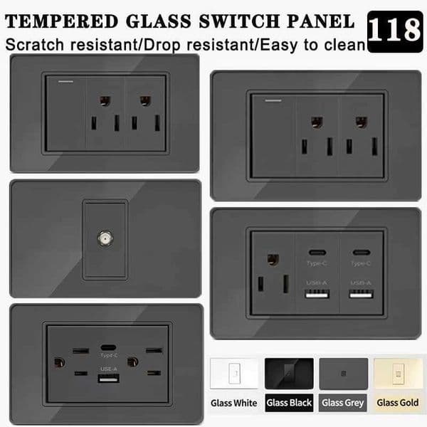118 Series 11875mm Tempered Glass US Thai Wall Socket Dual USB Type-C Ports Light Switch Smart Home Appliance 110V Home Office T260520
