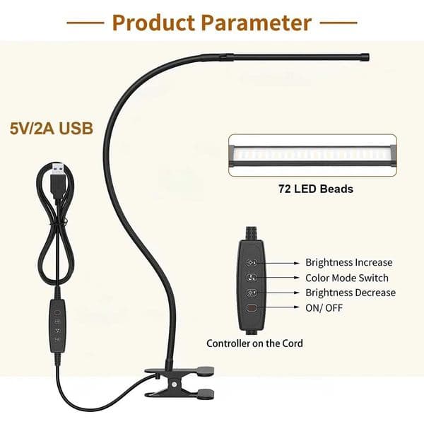10W LED Desk Lamp with Clamp Dimmable Clip On Reading Light 10 Brightness Level 3 Lighting Modes Flexible Study Table Lamp USB C2605211
