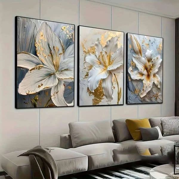 Luxury Designer Decor 3Pcs White & Light Blue Lily Flower Art Posters - Elegant Wall Decor For Home Office, Bathroom, Living Room, Dorm room 6