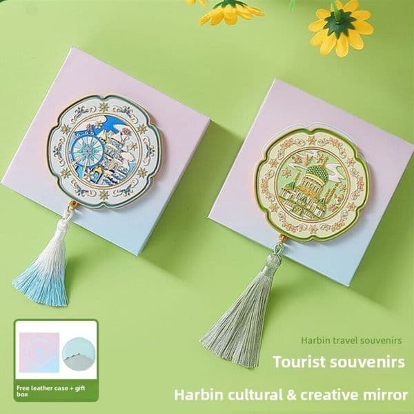 Designer art Harbin Vintage-Style Handheld Small Round Makeup Chinese-Style Portable Mirror, Metal Travel Souvenir Gift Free Shipping 9
