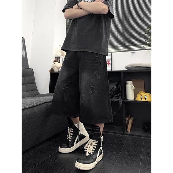 Unisex American Ins High Street Loose Straight SevenPoint Jeans Ripped Distressed Denim Shorts Summer Casual Streetwear 260521