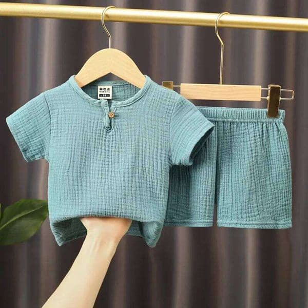0-5Y Boys Girls Summer Solid Cotton Linen T-shirts+Elasctic Shorts Kids Clothes Casual Clothing Sets for Children 26Y0521