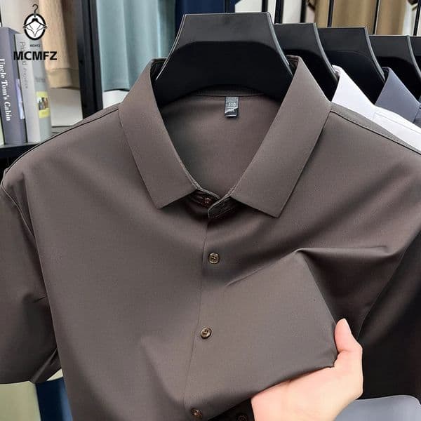 Mens Basic Short Sleeve Button Shirt Ice Silk Lightweight Breathable Wrinkle Resistant Summer Formal Top 260516