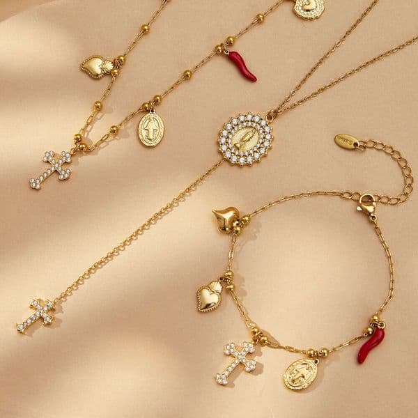 Women's Vintage Necklace Bracelet Set Cross Zircon 18k Gold Bohemian Religiou Y2K Jewelry Set For Women Daily Party Outfit Valentine's Day Gift