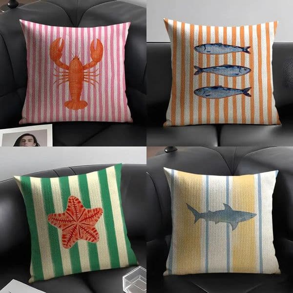 Ocean Life Theme Striped Cushion Cover Natural Linen Organic Fabric DoubleSided Printing Sofa Home Decor Gift Pillow Case 260521