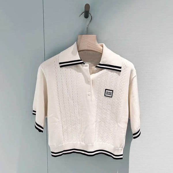 Women's T-Shirt Designer tees Haute Couture Series College Style Color-Block Short Collar Knit Short-Sleeve Versatile Top for Commuting Trendy Woman Clothing