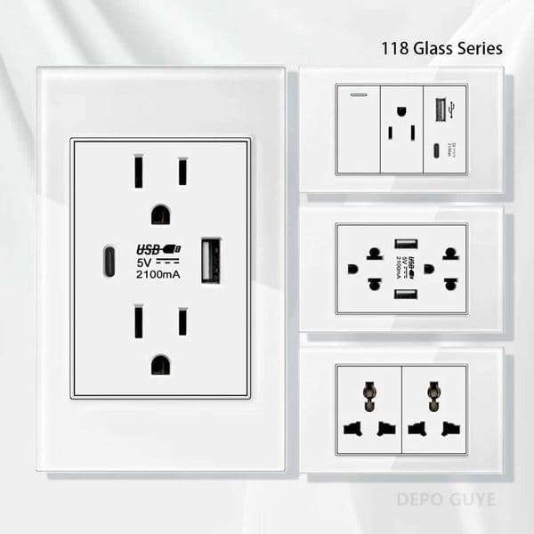 US Wall Switch Power Socket with USB Type-c Quick ChargerAmerican Mexico White Tempered Glass Plug OutletLight Switch Panel T260520
