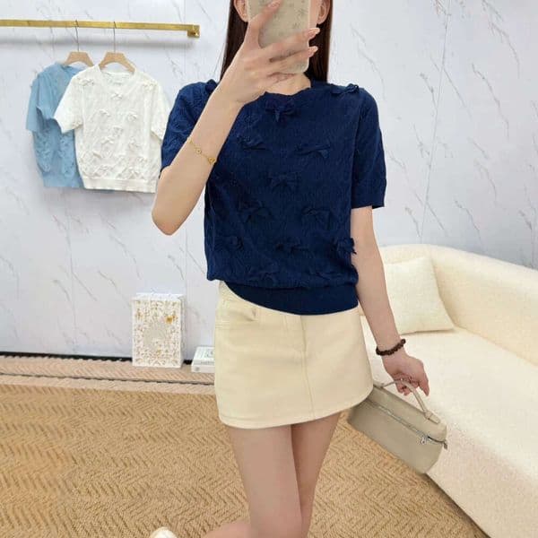 French Soft Navy Blue Bow-Embellished Knit Top, Diamond Pattern Cropped Crew Neck Tee Skin Friendly Soft