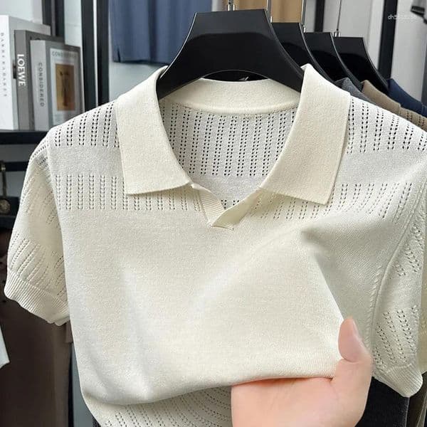 Men's Polos Knitted Polo Shirt Summer Thin Collar Hollowed Out Short Sleeved American Heavyweight Half T-shirt