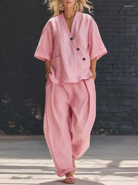 Women's Two Piece Pants 2026 Summer Fashion Cotton And Set V-neck Half Sleeve Loose Commuter Casual Wide Leg