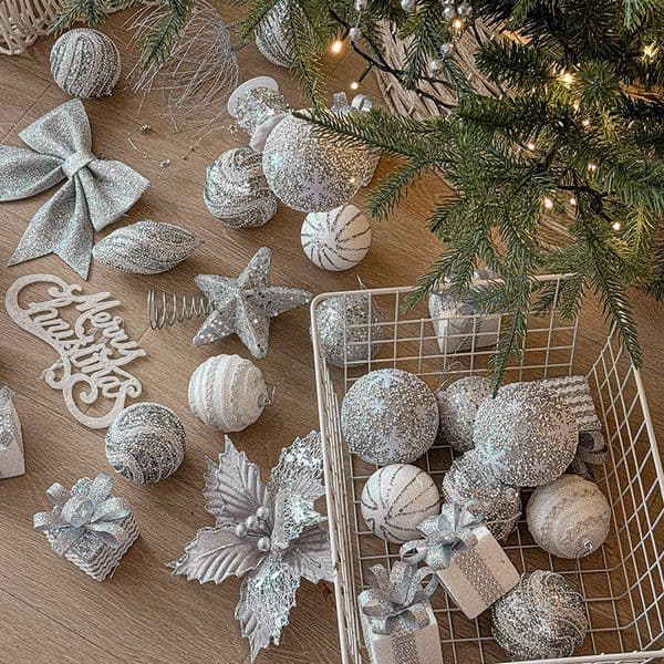 Silver White Glitter Christmas Ornaments Set - Tree Hanging Baubles Star Bow Gift Box for Holiday Party Home Decor