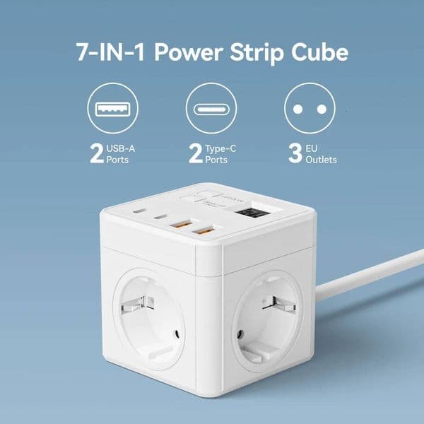 7-in-1 EU strip, power strip surge protector, 1.5m extension cord,3 AC outlets 3 USB 1 Type-C, timed off desktop chargin ddmythur