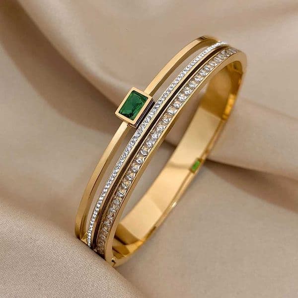 Luxury Stainless Steel Cuff Bracelet For Women Mens Gold Silver Color Couple Bracelets Green White Rhinestone Wide Bangle Gift H260522