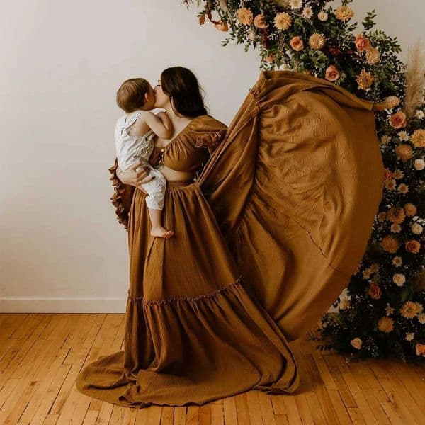 Bohemian Photo Shooting Pregnancy Dress Comfortable Cotton Pleated Sleeves Two-Piece Set Maternity Photography Dress OutfitZHR260522