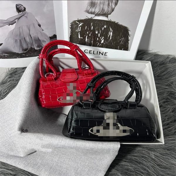 Saturn Mini Oblique Chain Crossbody Bag with Crocodile Print Vintage Style Women's Patent Leather Small Bags