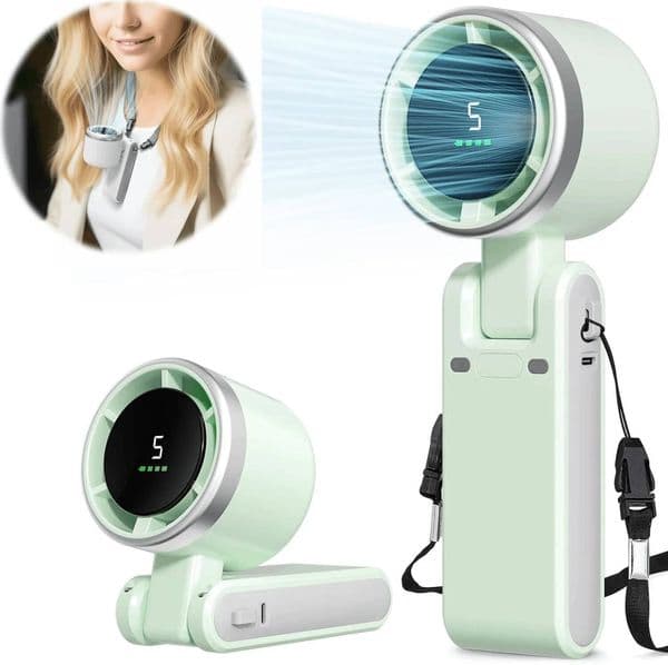 Handheld Fan Portable Foldable USB Rechargeable, Ultra Quiet 5-Speed Adjustable, 1200Mah Battery (10 Hours Running Time)
