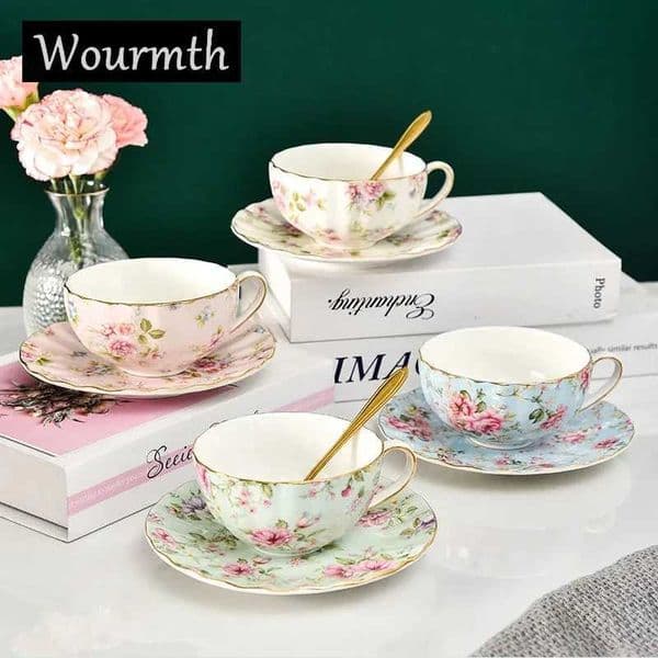 Ldyllic Flowers Tea Set Ceramic Coffee Cup Suit British Style High-Grade Bone China Golden edge Tea Cup And Saucer With A SpoonT260522