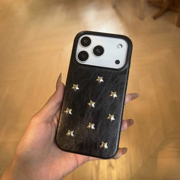 Advanced Black Leather Stercopic Metal Star Rivet Shock Proof Phone Cover Case for iPhone 17 16 15 14 13 Pro Max 17AirJ260522