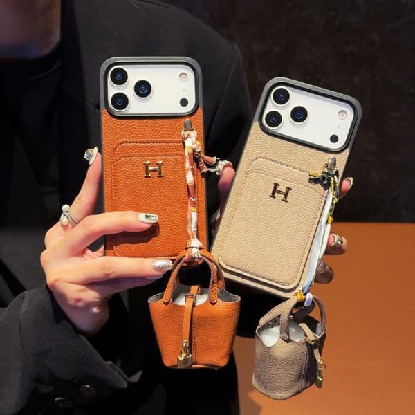 2026 Suitable for iPhone 17 mobile phone case iPhone litchi - pattern card holder + earphone case