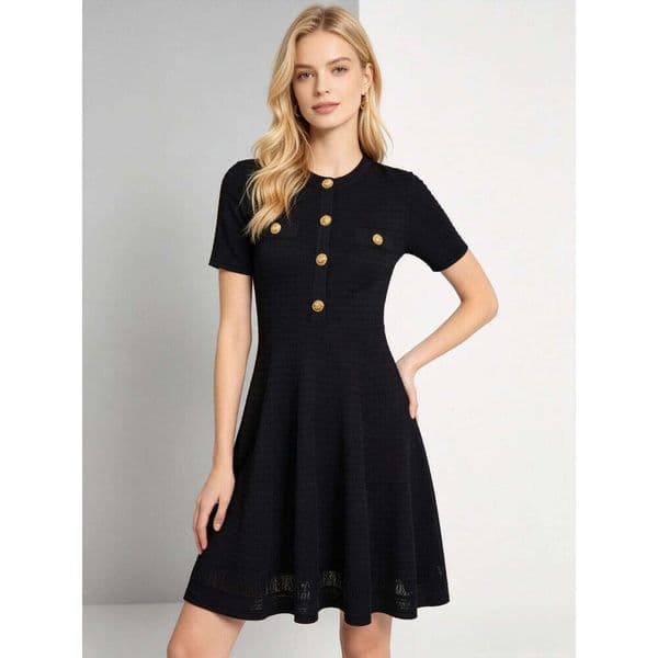 2026 New Summer Knit Dress Women Light Pink with Gold Buttons & Short Sleeves Fit-and-Flare Bow Decor Dress
