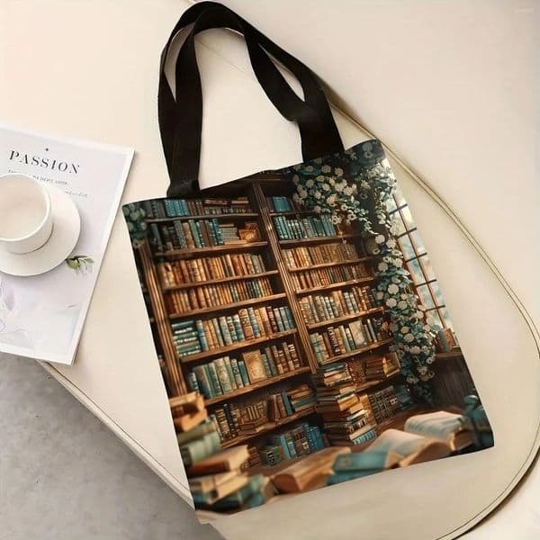 Shopping Bags Spacious Polyester Chic Book Shelf Floral Print Tote Bag Bookshop Design Handbag For Work School & Women's Shoulder